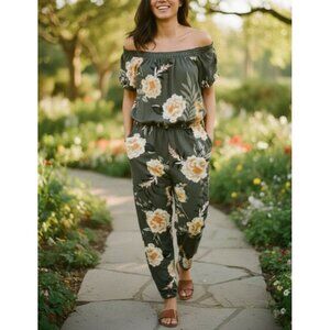 Derek Heart Womens Large Floral Jumpsuit Olive & Yellow Off-Shoulder